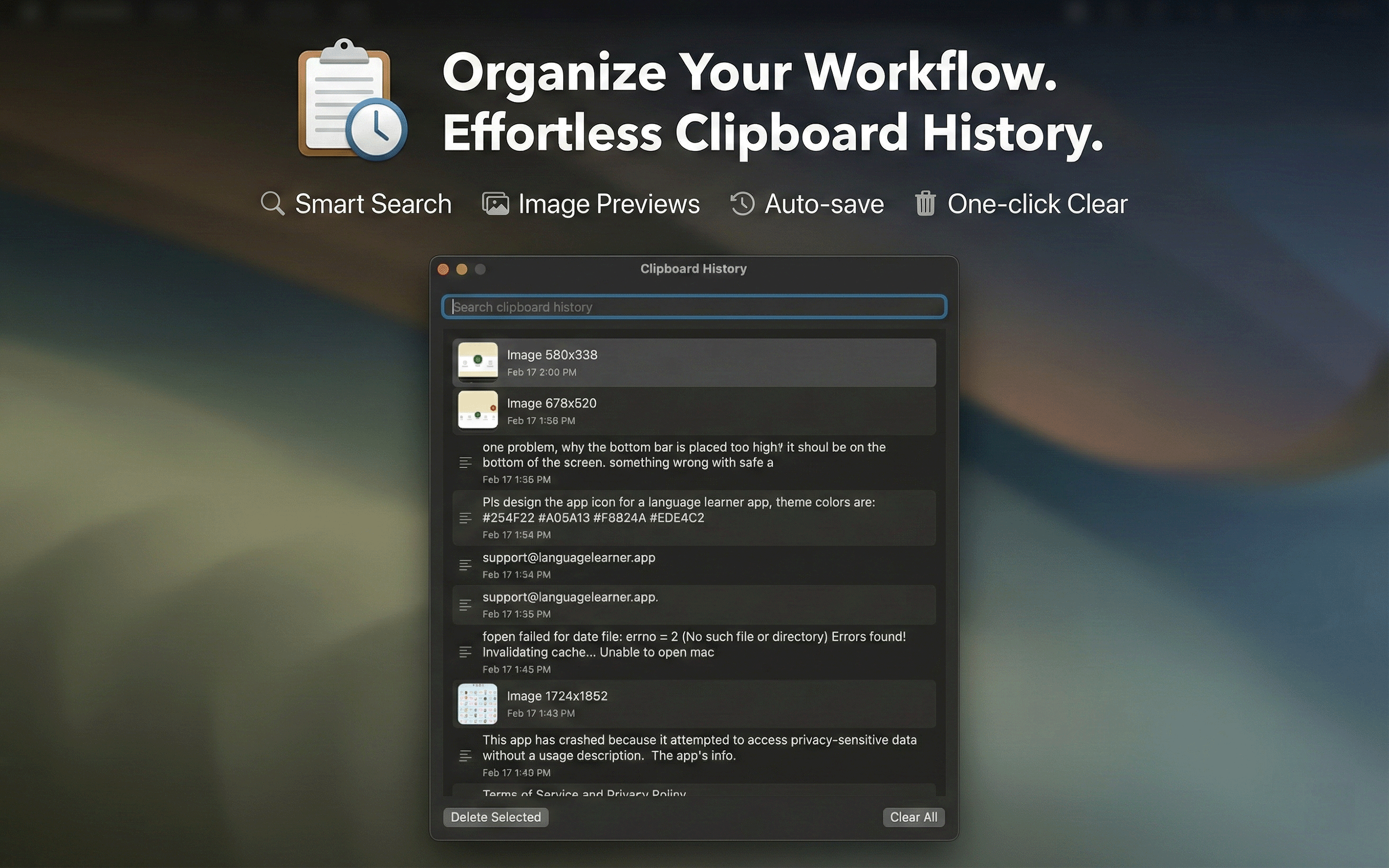 Pastty app interface showing clipboard history